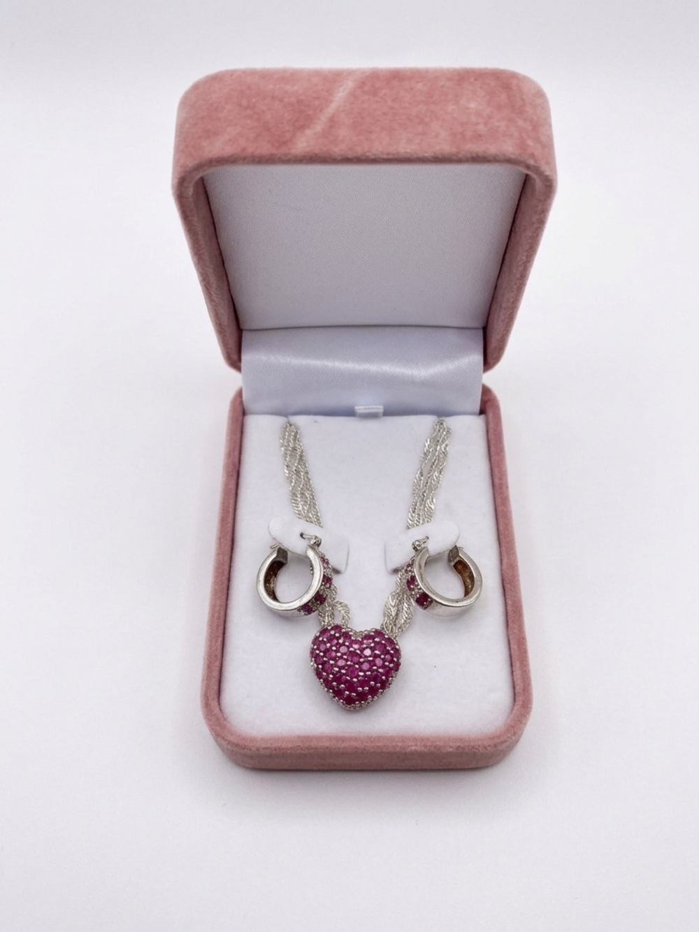 925 Italy Sterling Silver Pink Ruby Pave CZ Heart Necklace Huggie Earring Set